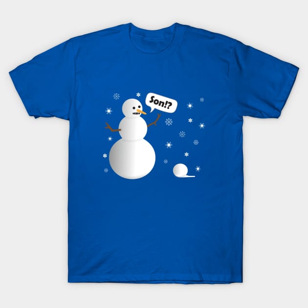 Funny Cartoon Father Snowman Mistakes a Snowball for His Son T-Shirt by Pixel Impressions Co